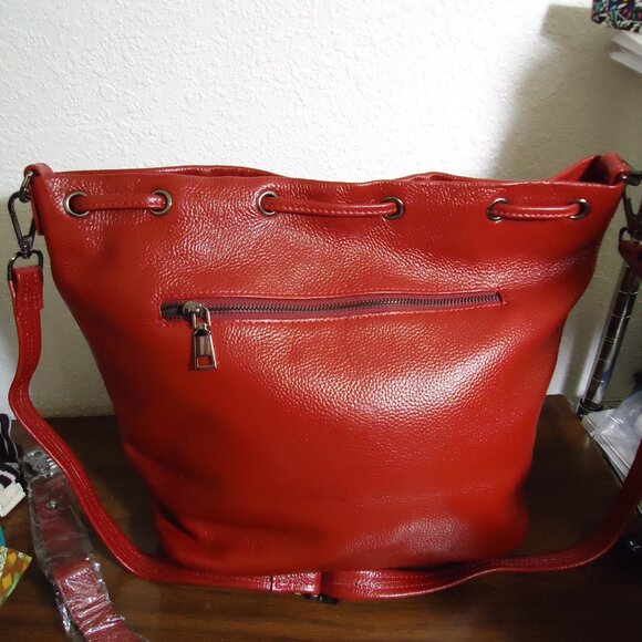 LN Damero Red Leather 2 Way Carry Drawstring Bucket Bag 2 Tassels As Is - Picture 2 of 12